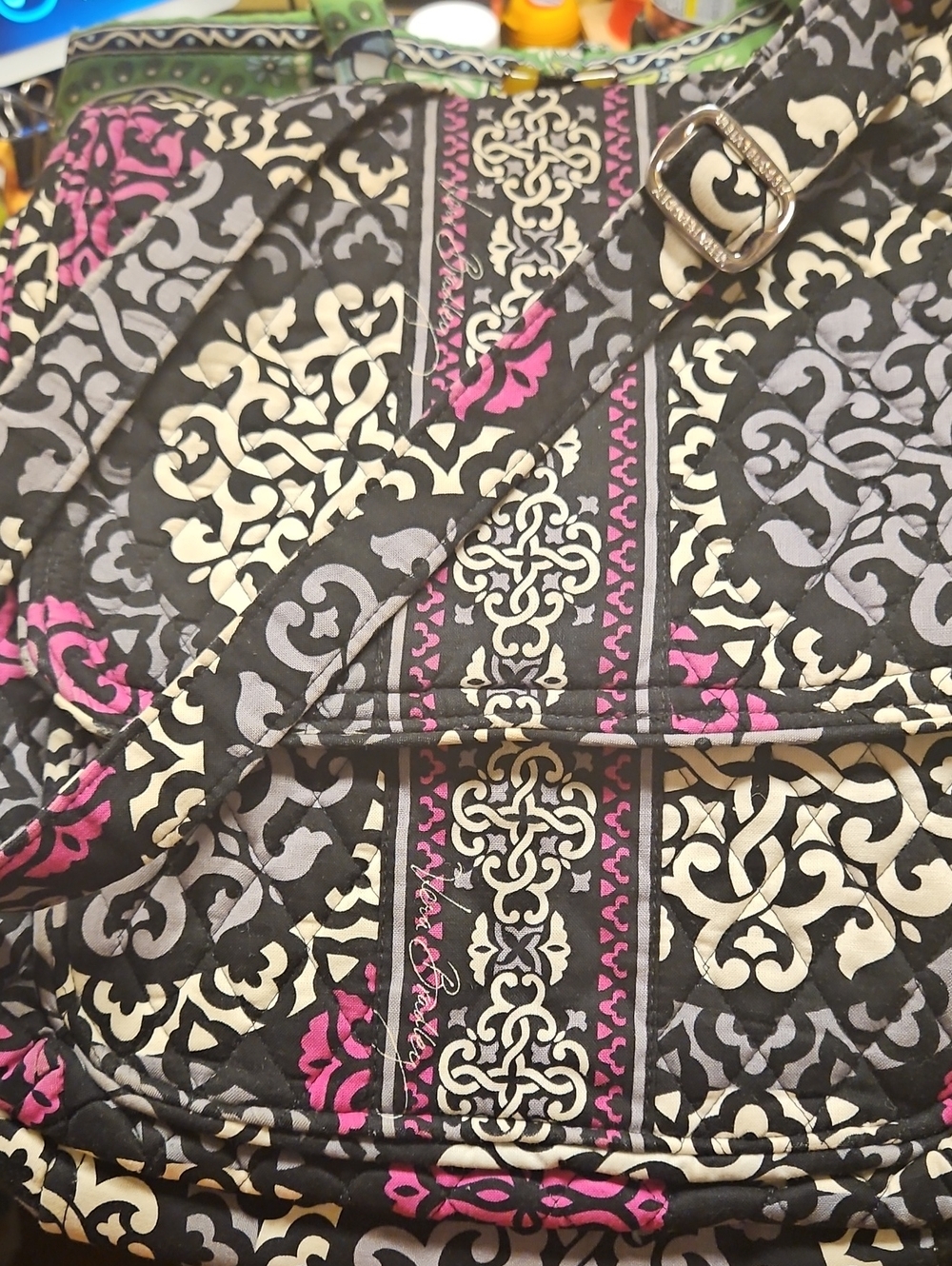 Vera Bradley Quilted Crossbody in Black, Cream & Pink Scroll Pattern
